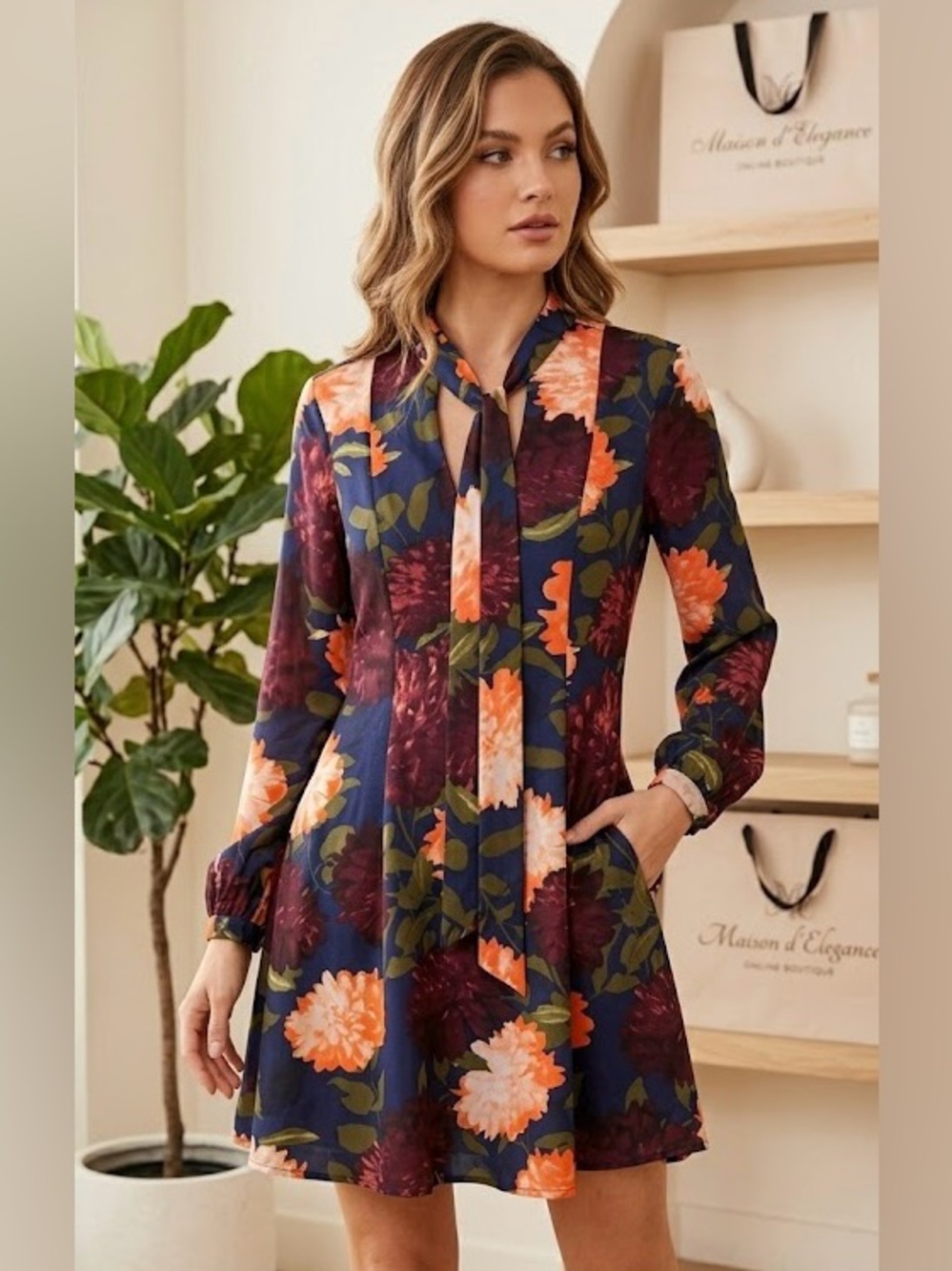 Guess Floral Long Sleeve Dress with Neck Tie and Pockets